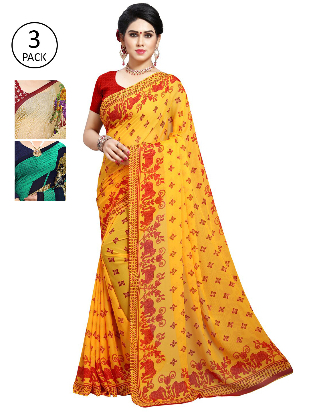 

KALINI Pack Of 3 Orange & Beige Floral Saree