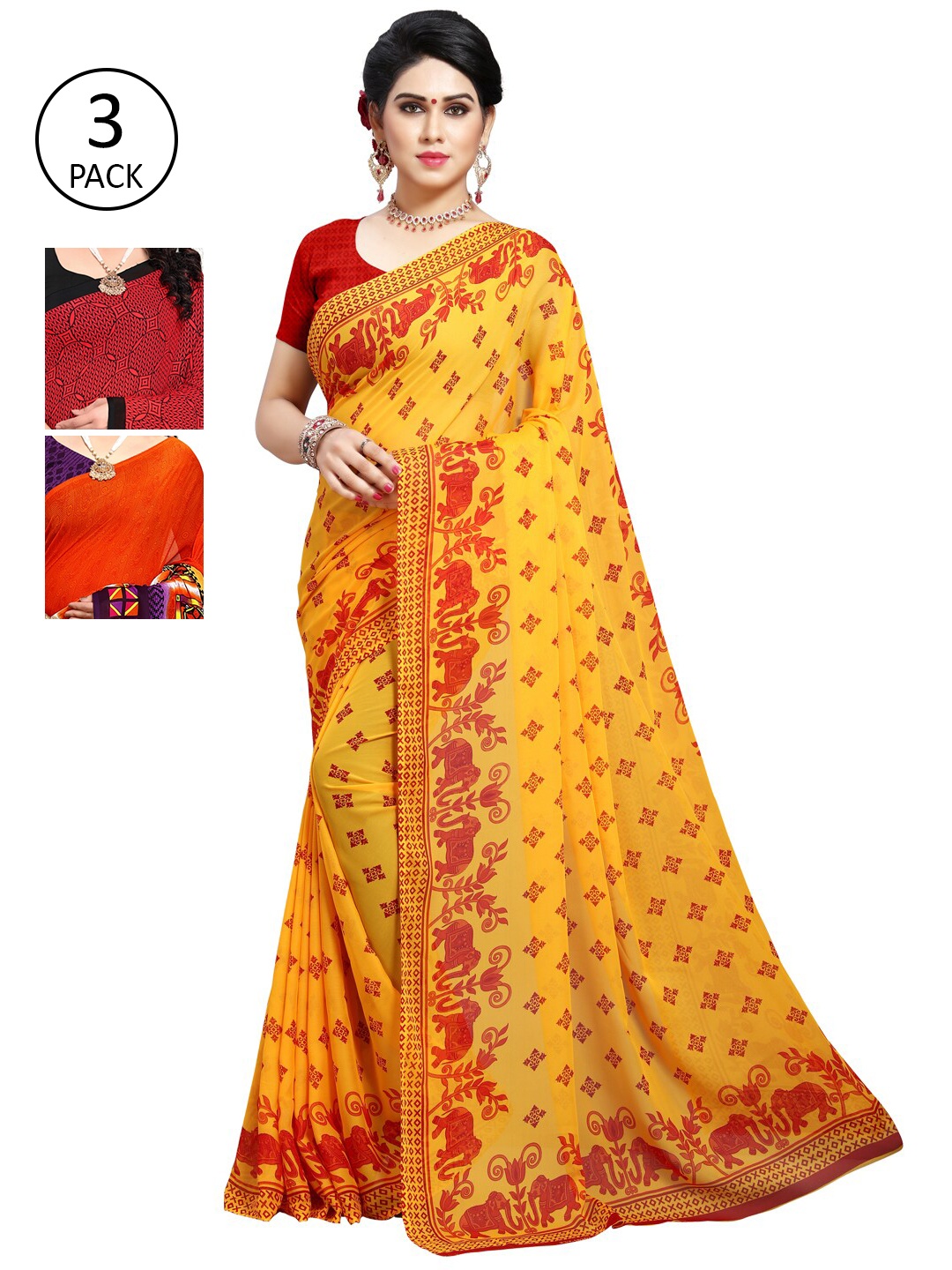 

KALINI Pack Of 3 Yellow & Red Ethnic Motifs Saree