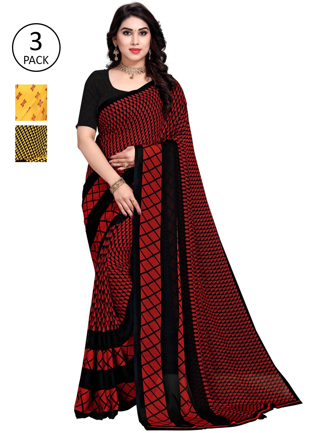 

ANAND SAREES Pack Of 3 Poly Georgette Printed Sarees, Yellow