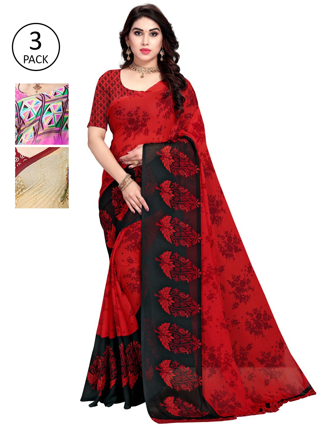 

KALINI Pink & Red Pack of 3 Ethnic Motifs Saree