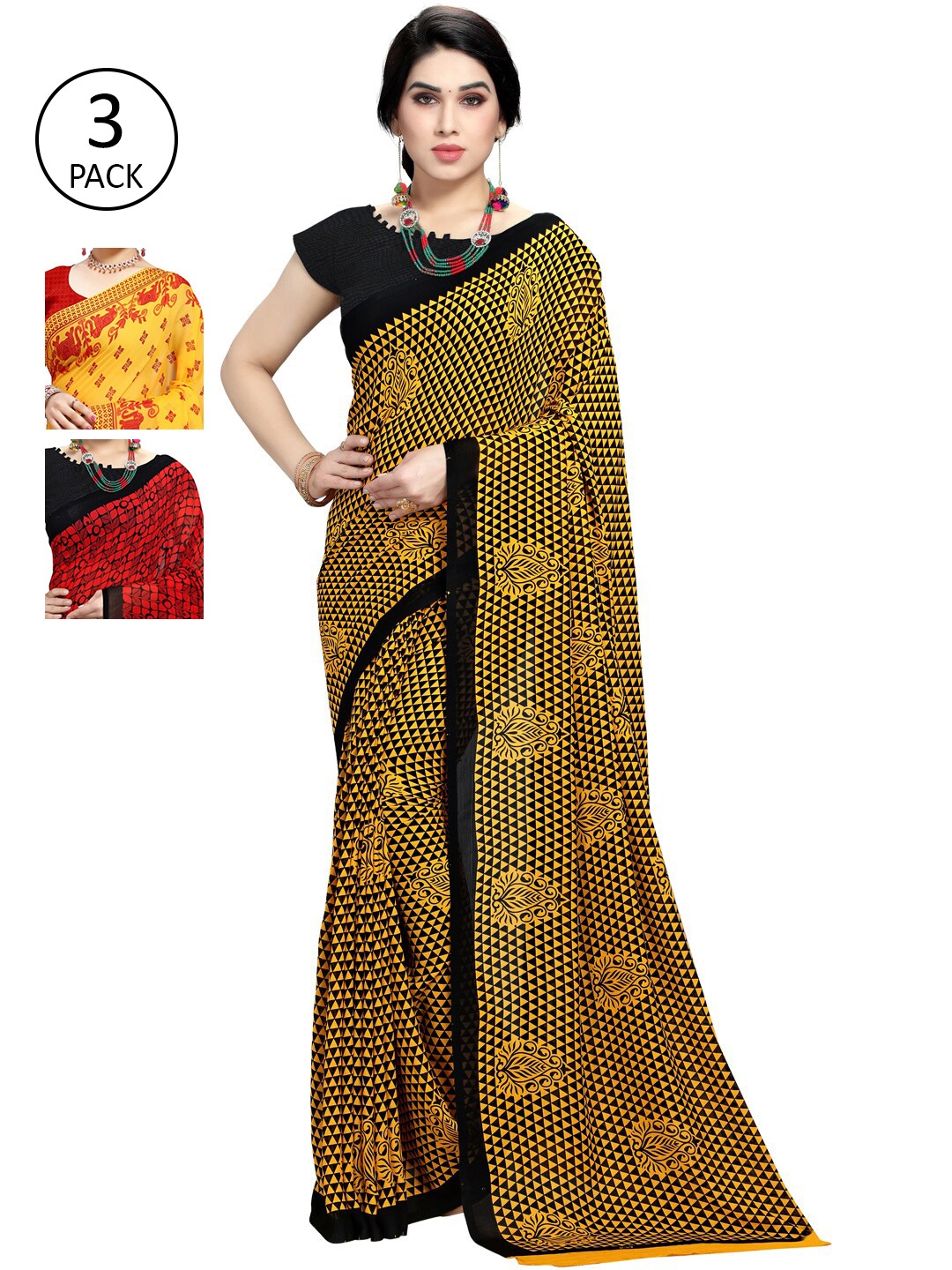 

KALINI Pack of 3 Printed Poly Georgtte Saree, Yellow