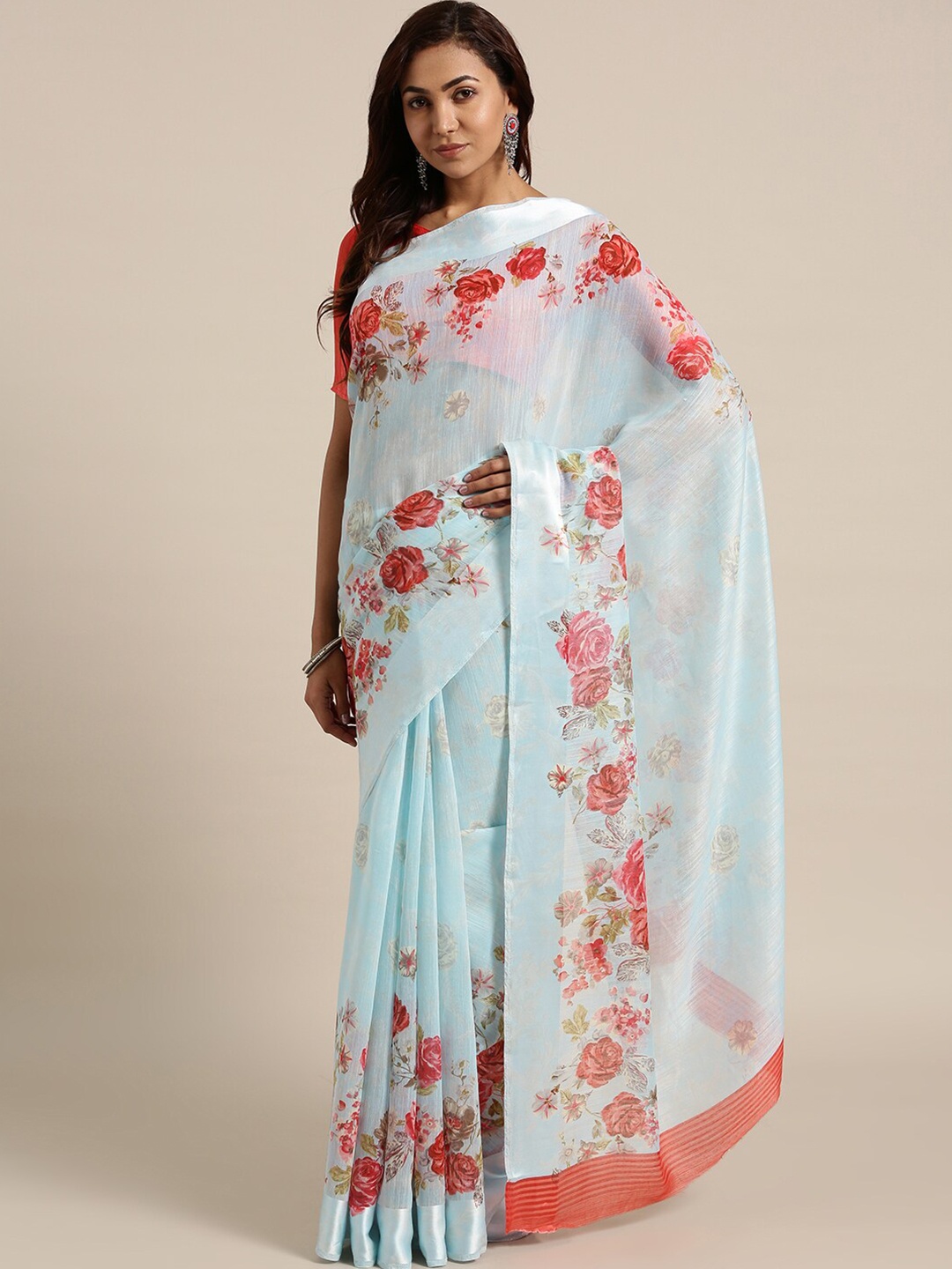 Saree mall Blue & Red Floral Linen Blend Sarees