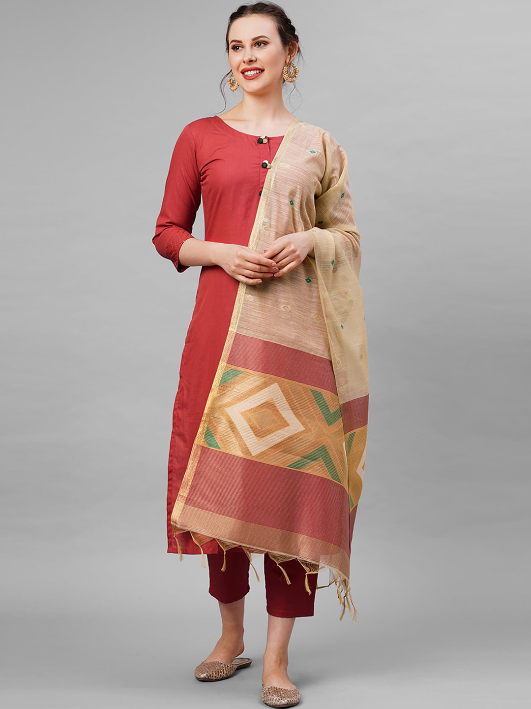 

Indo Era Women Red Straight Kurta & Trousers With Dupatta