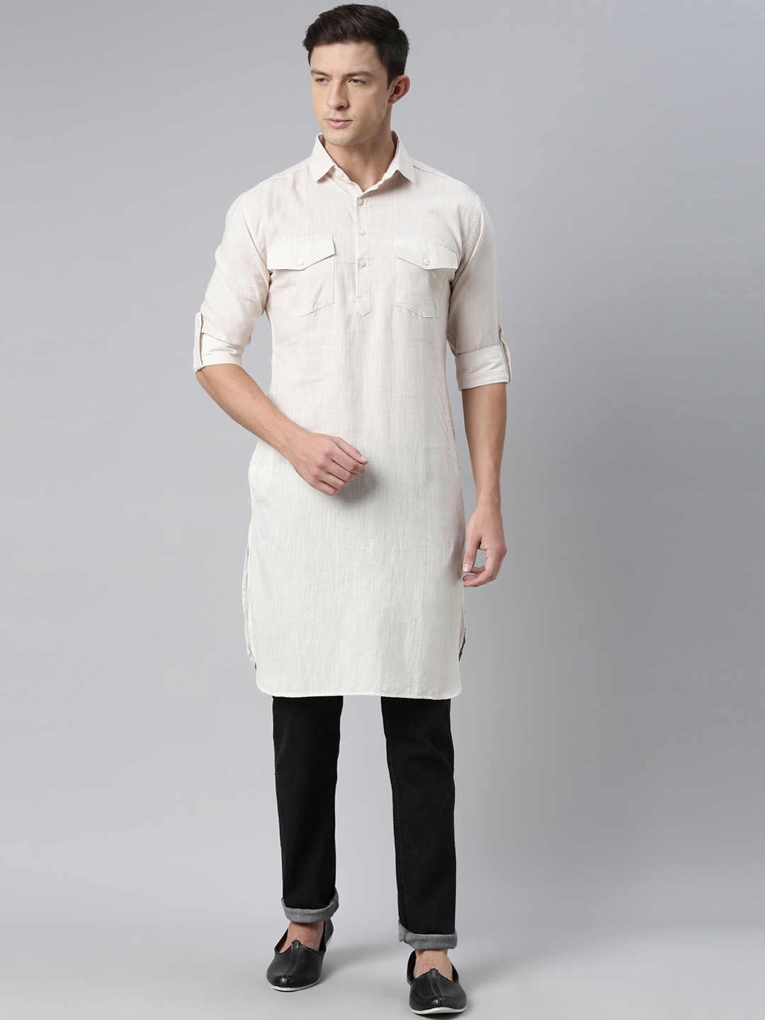 Kryptic Men Beige Solid Pathani Cotton Kurta