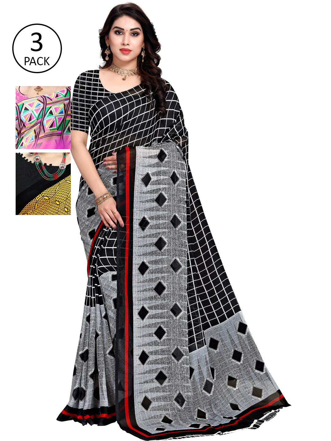 

KALINI Pack of 3 Printed Poly Georgette Saree, Multi