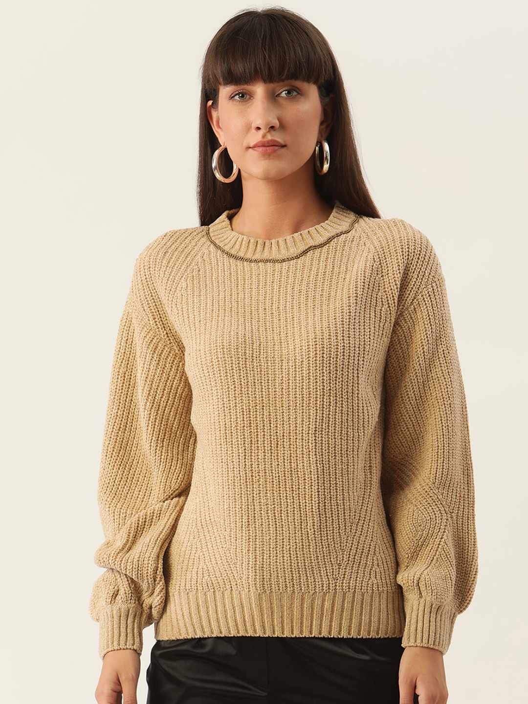 

ZOELLA Women Beige Ribbed Pullover