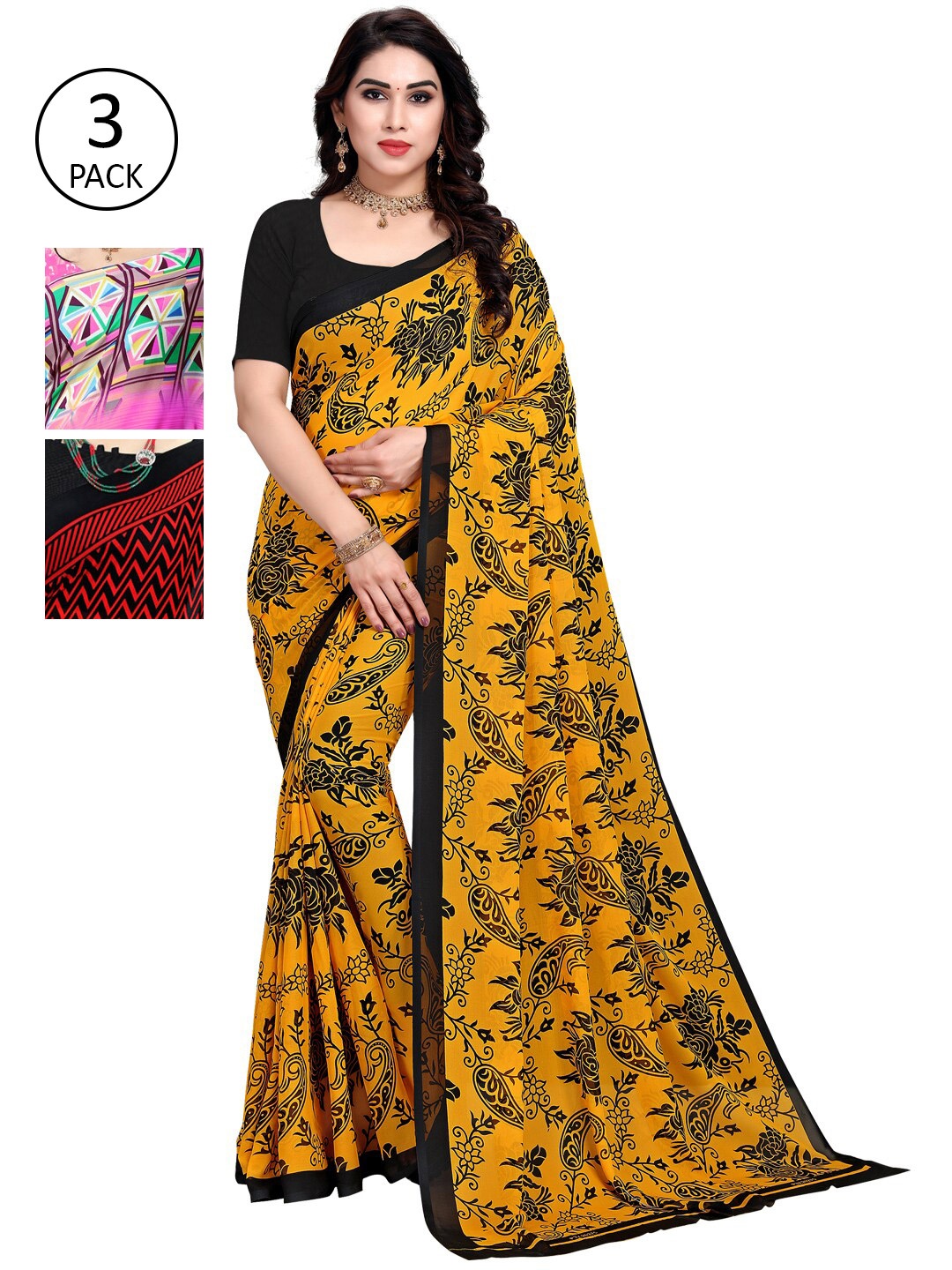 

KALINI Pack Of 3 Ethnic Motifs Sarees, Pink