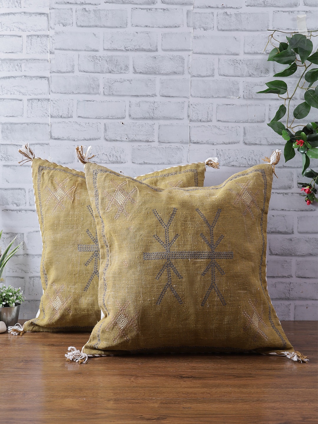 

eyda Set Of 2 Mustard Yellow & Grey Embroidered Linen Square Cushion Covers