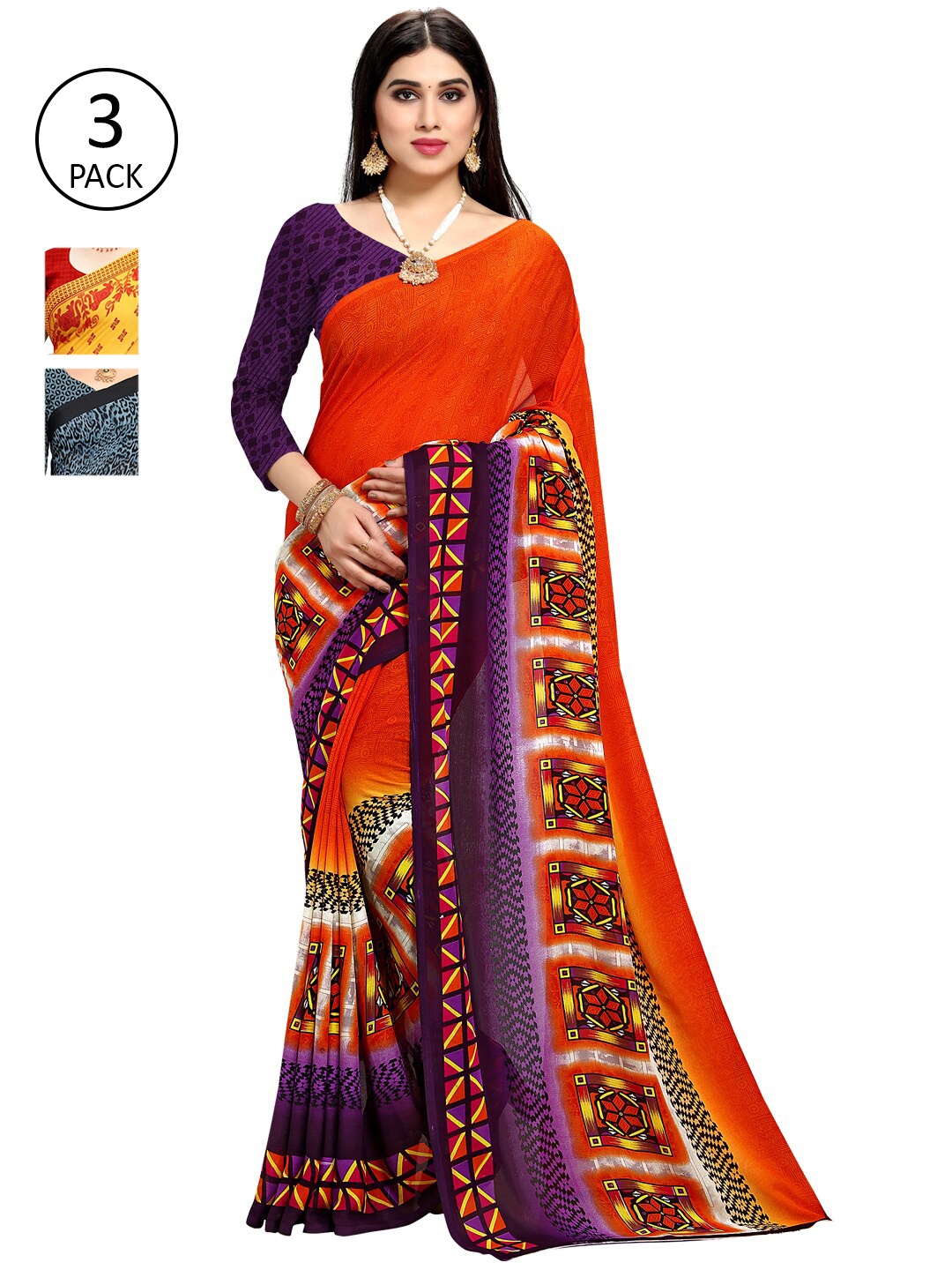 

KALINI Pack of 3 Printed Poly Georgette Saree, Multi