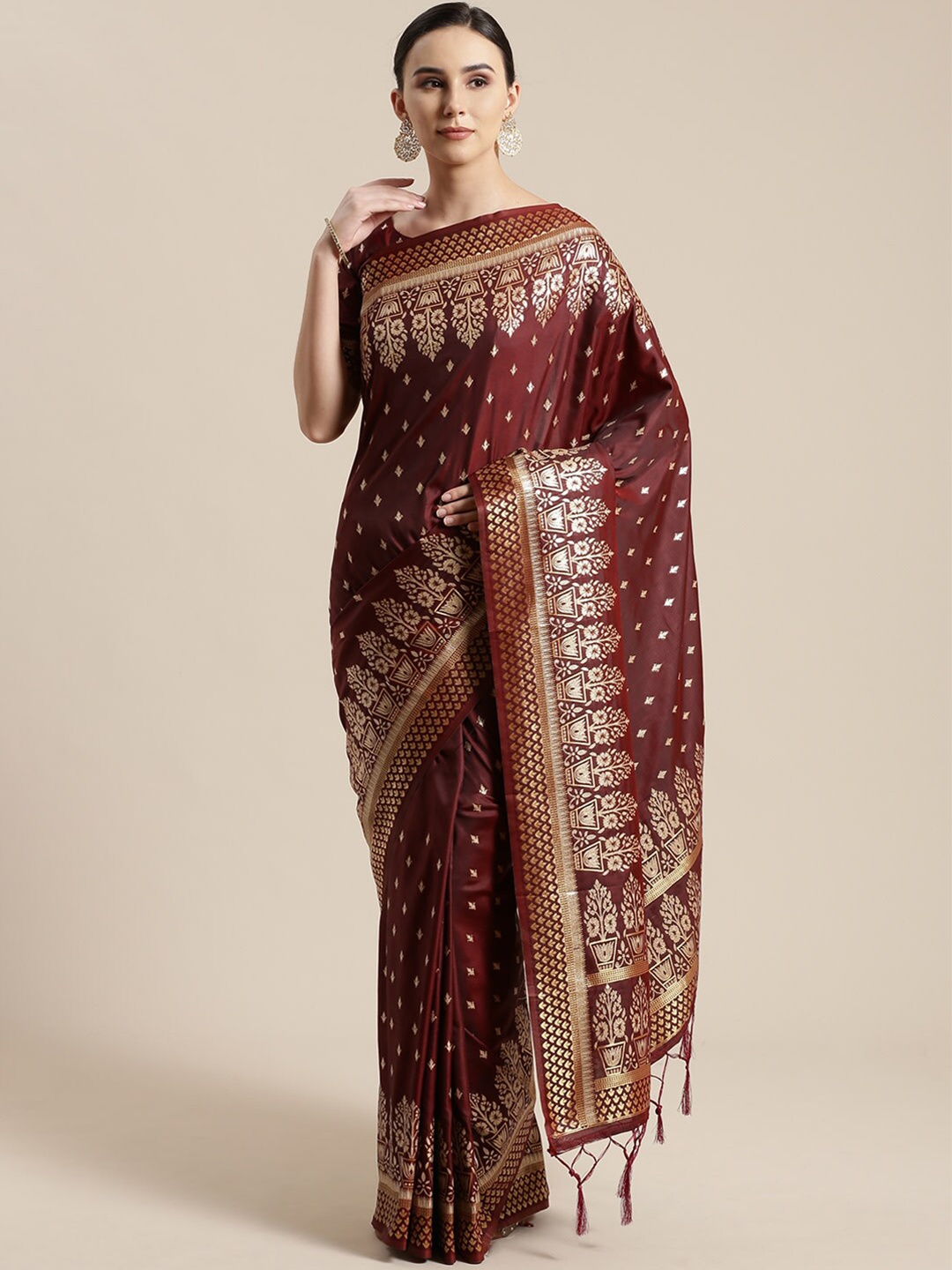 

Saree mall Brown & Gold-Toned Ethnic Motifs Silk Blend Sarees