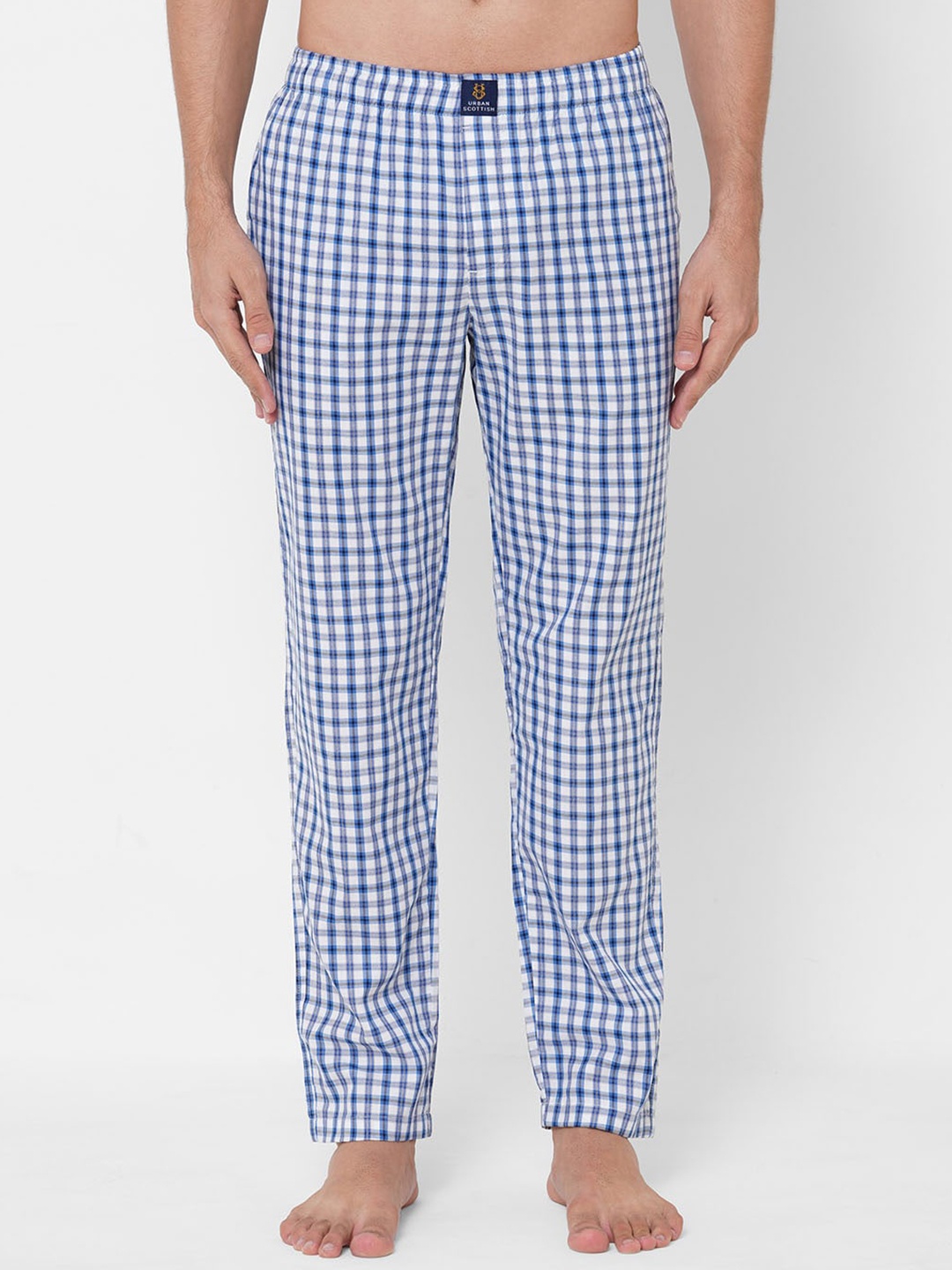 

URBAN SCOTTISH Men Blue & White Checked Pure Cotton Lounge Pants