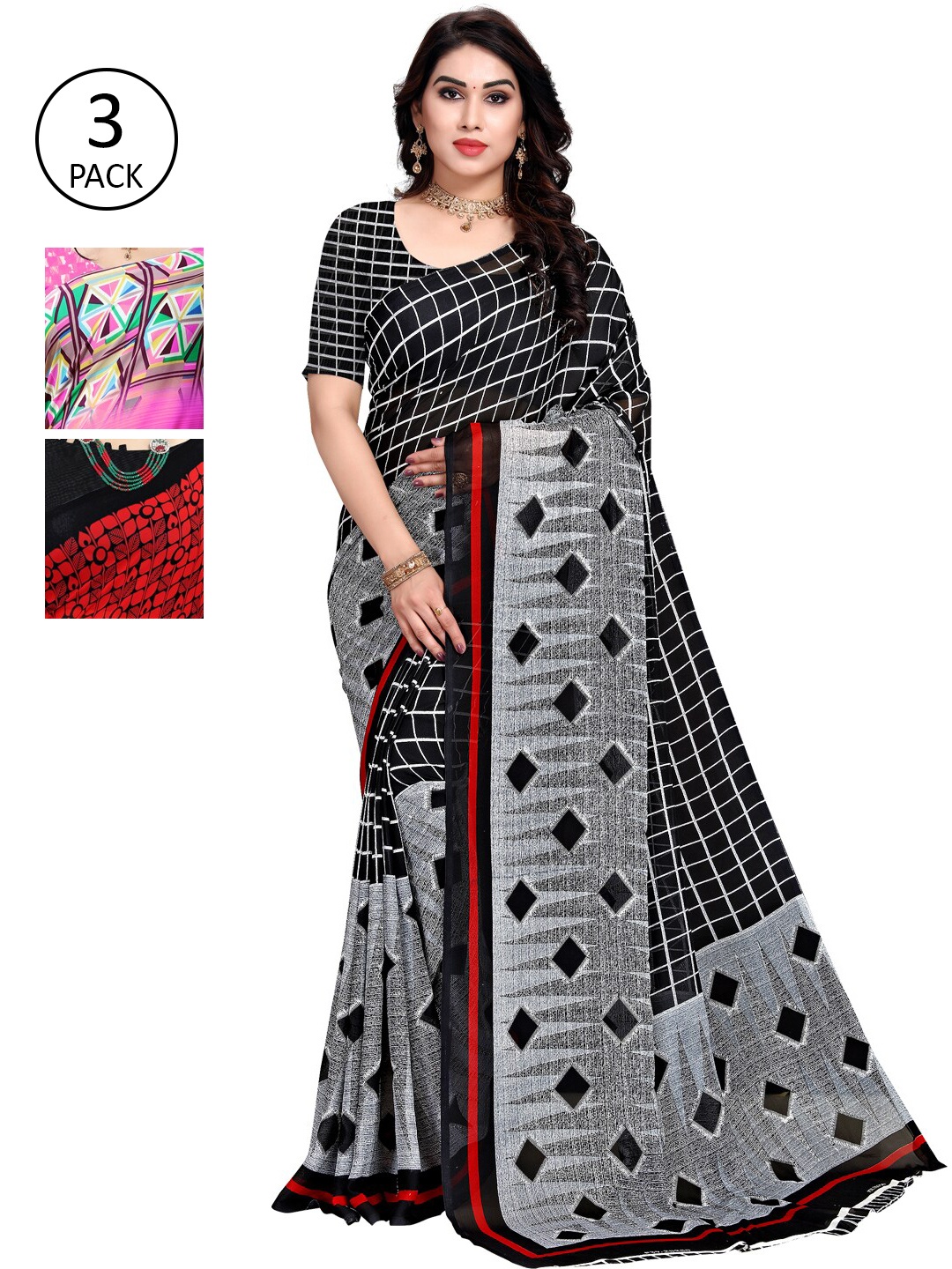 

KALINI Pack Of 3 Grey & Pink Saree