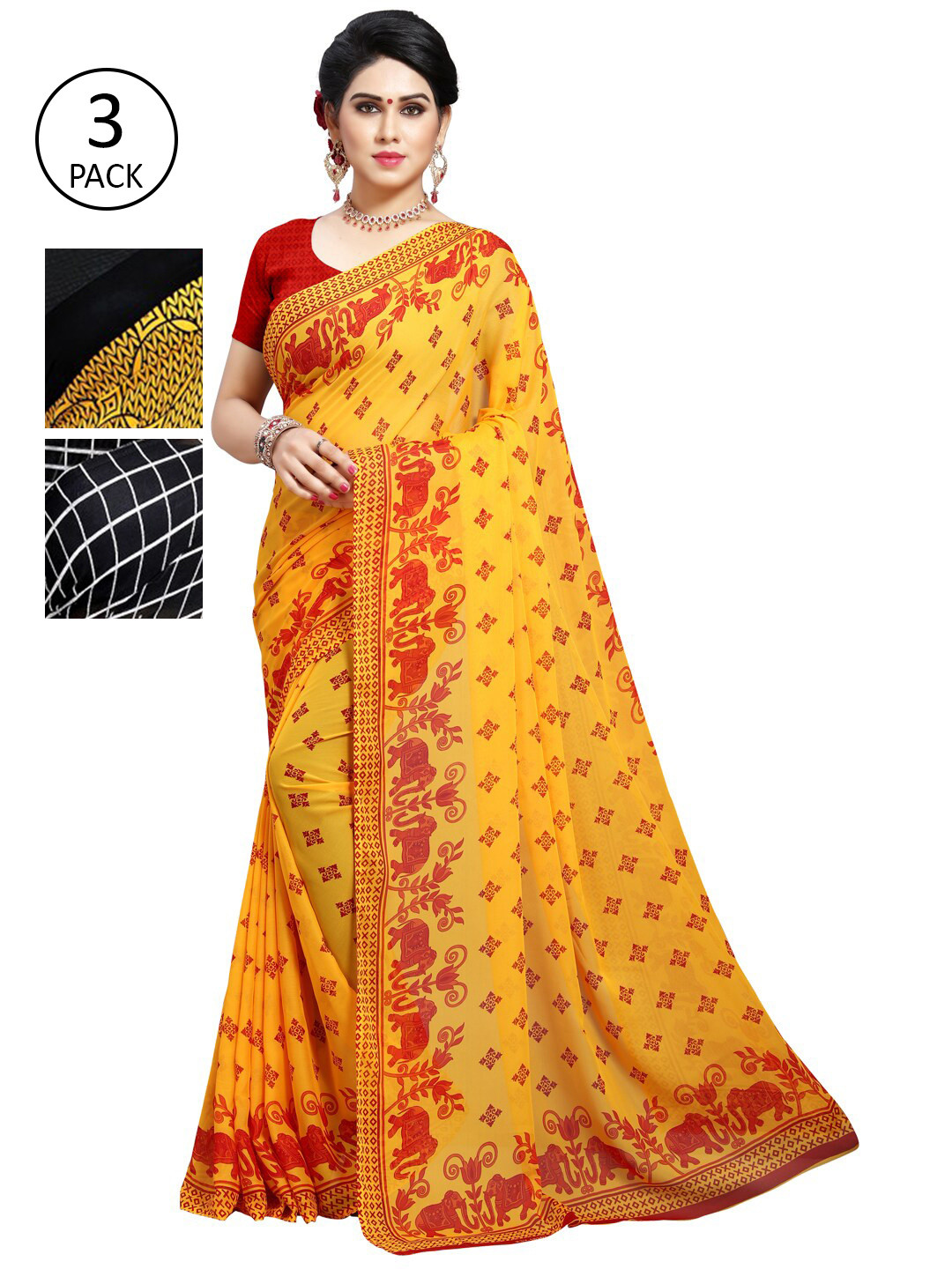 

KALINI Pack Of 3 Sarees, Yellow