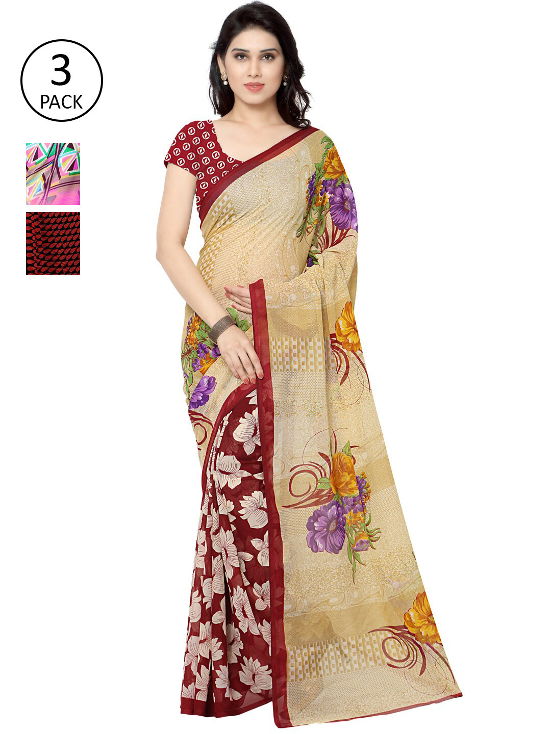 

KALINI Pack Of 3 Pink & Red Floral Saree