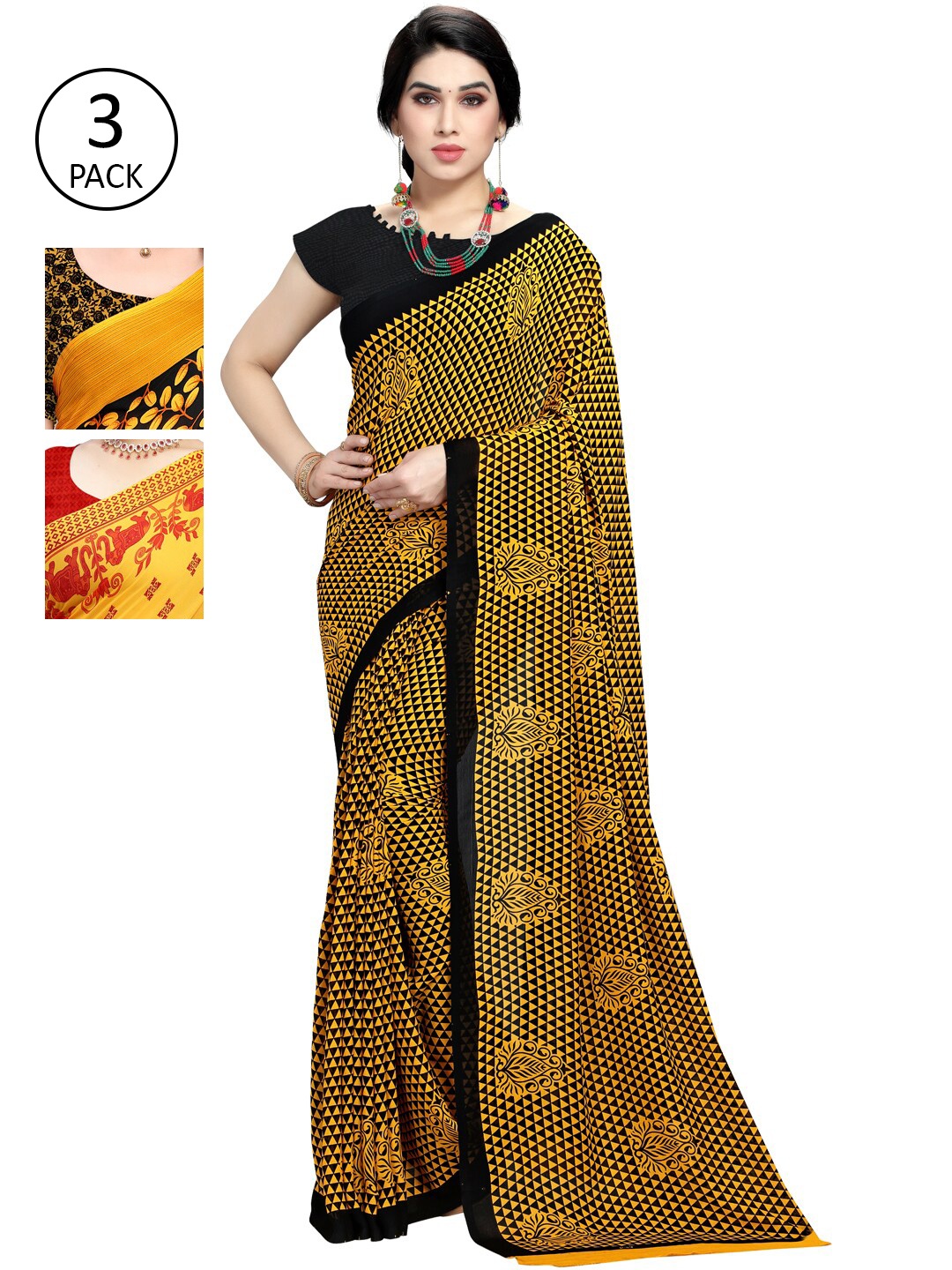 

KALINI Women Pack Of 3 Multi Printed Sarees, Yellow