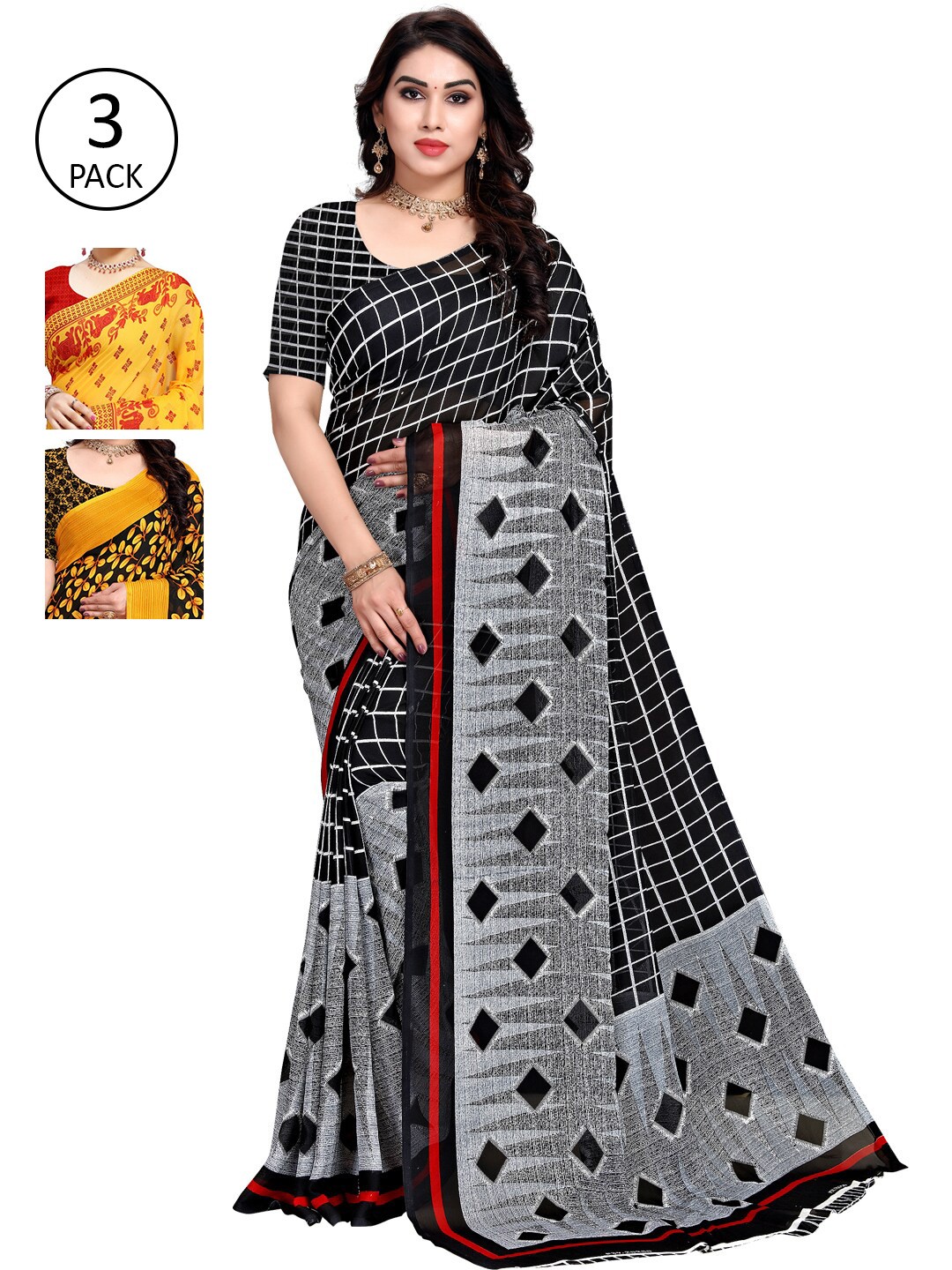 

KALINI Pack Of 3 Poly Georgette Printed Sarees, Black