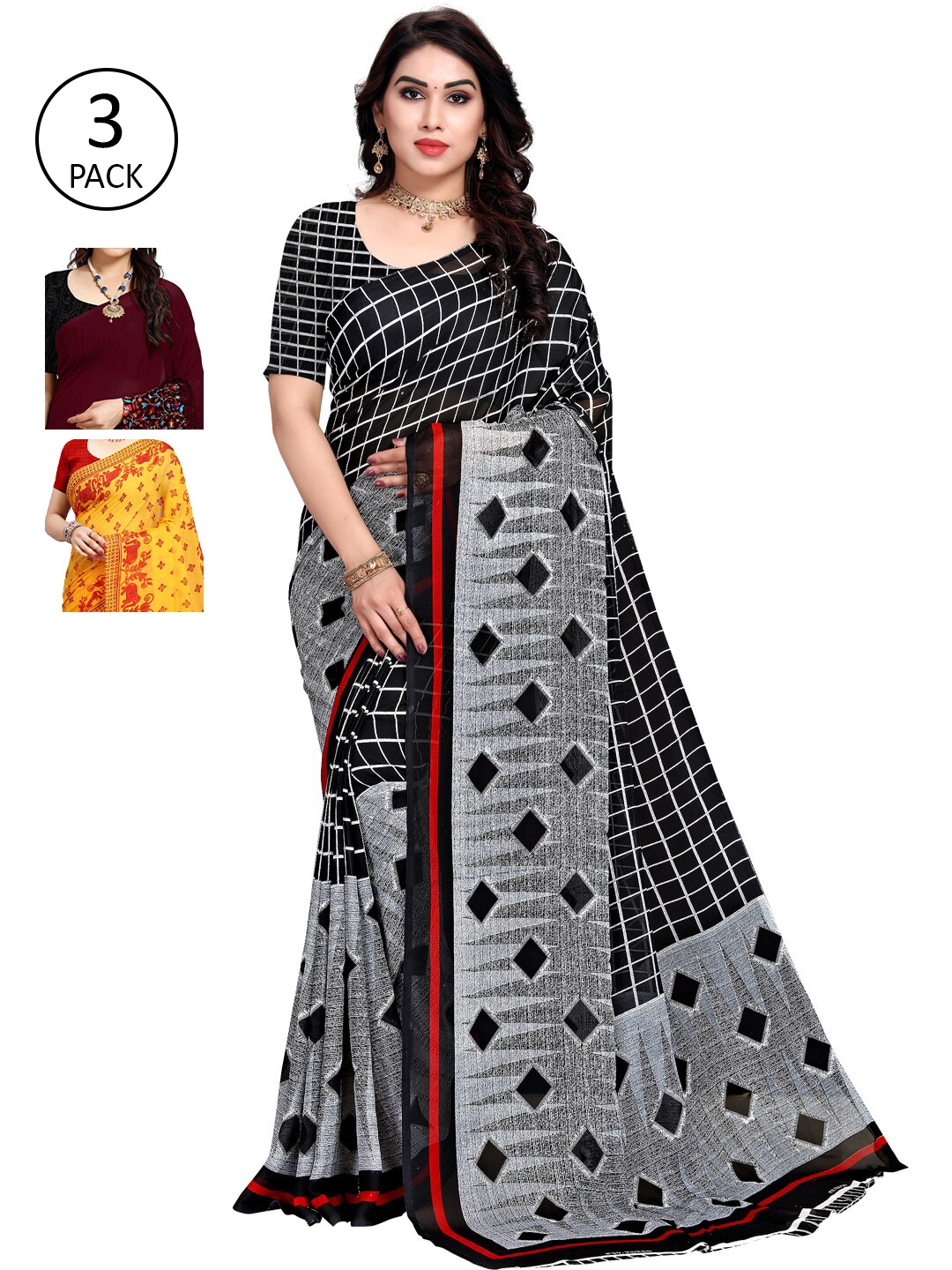

ANAND SAREES Pack Of 3 Yellow & Burgundy Saree