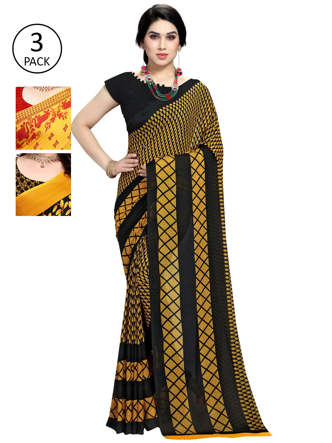 

KALINI Pack of 3 Ethnic Motifs Poly Georgette Saree, Yellow