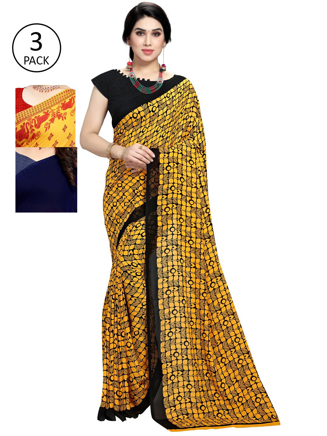 

KALINI Pack Of 3 Yellow & Red Saree