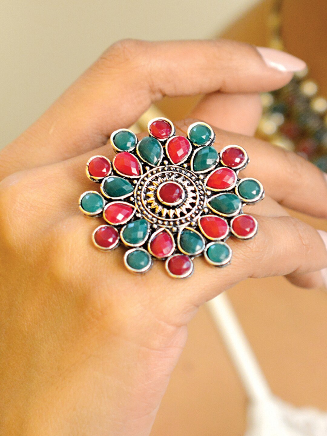 TEEJH Silver-Toned & Multi Oxidised Stone-Studded Adjustable Finger Ring