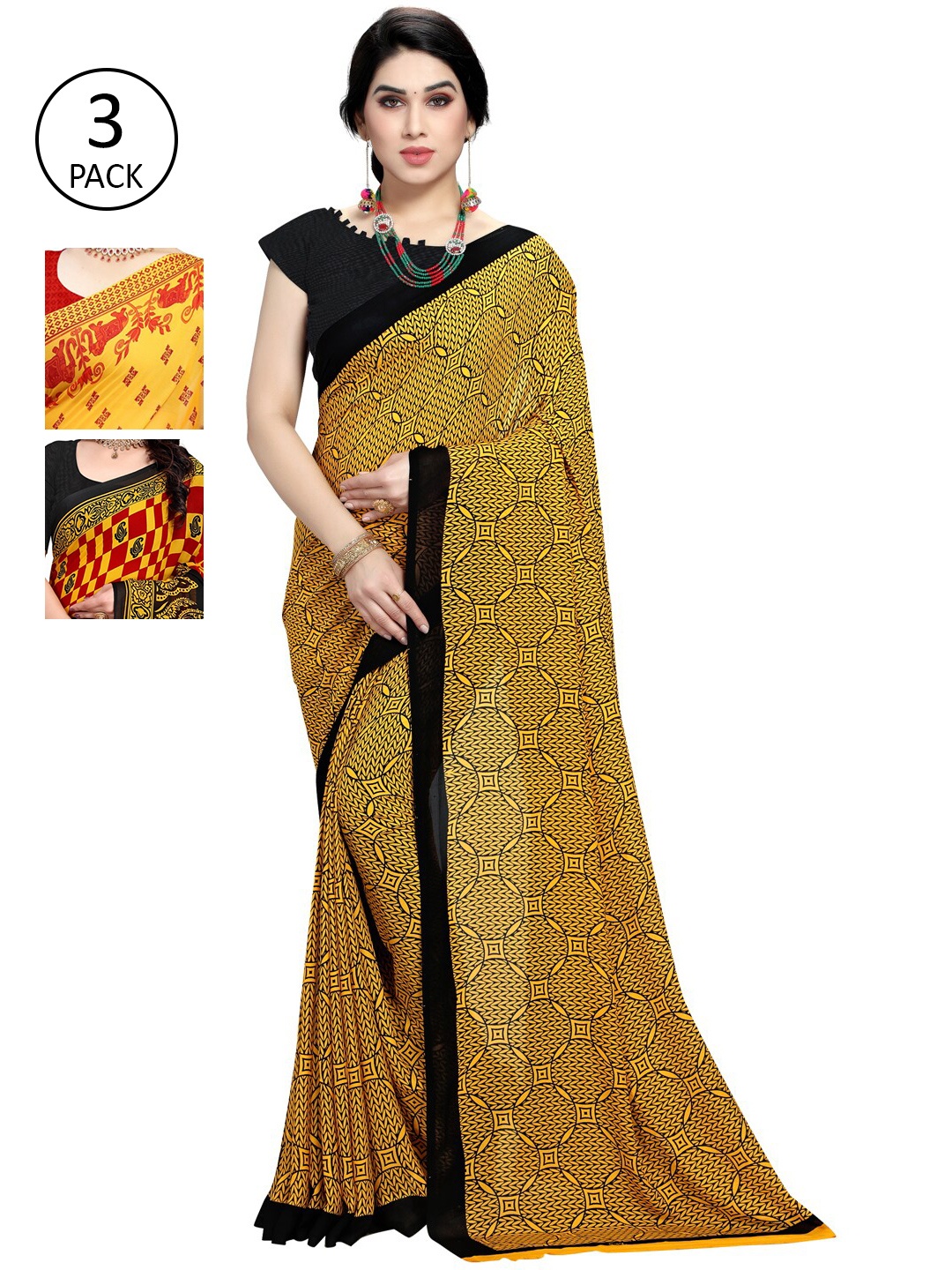

KALINI Yellow & Black Ethnic Motifs Pack of 3 Saree