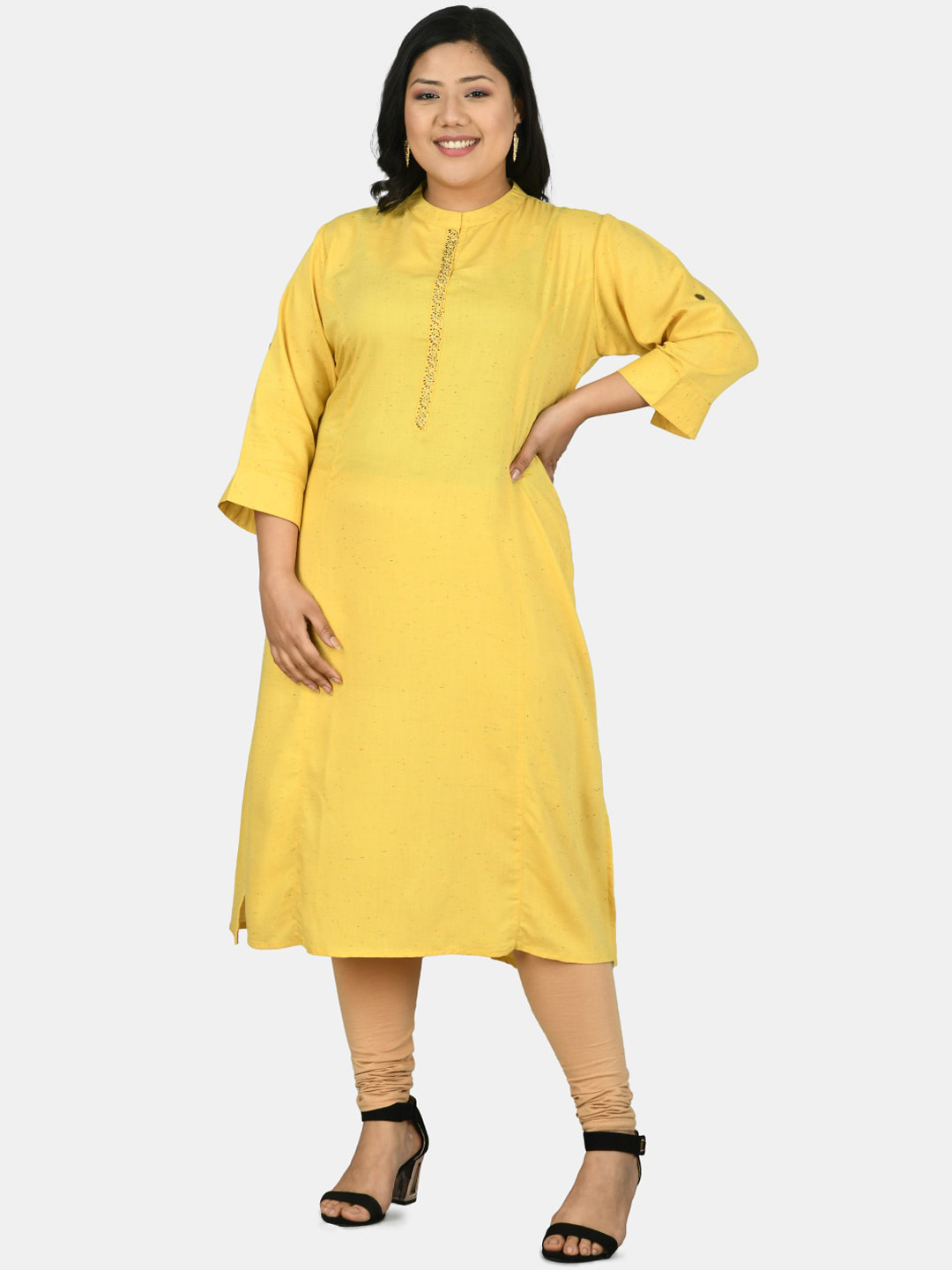 

PrettyPlus by Desinoor.com Women Yellow Siroski Work A-line Kurta