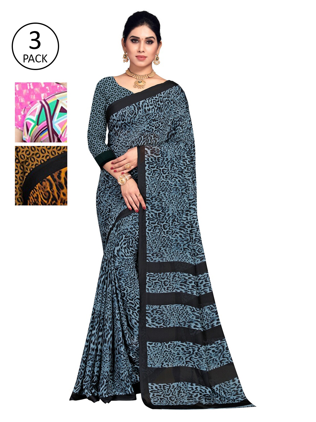 

KALINI Pack Of 3 Pink & Blue Saree