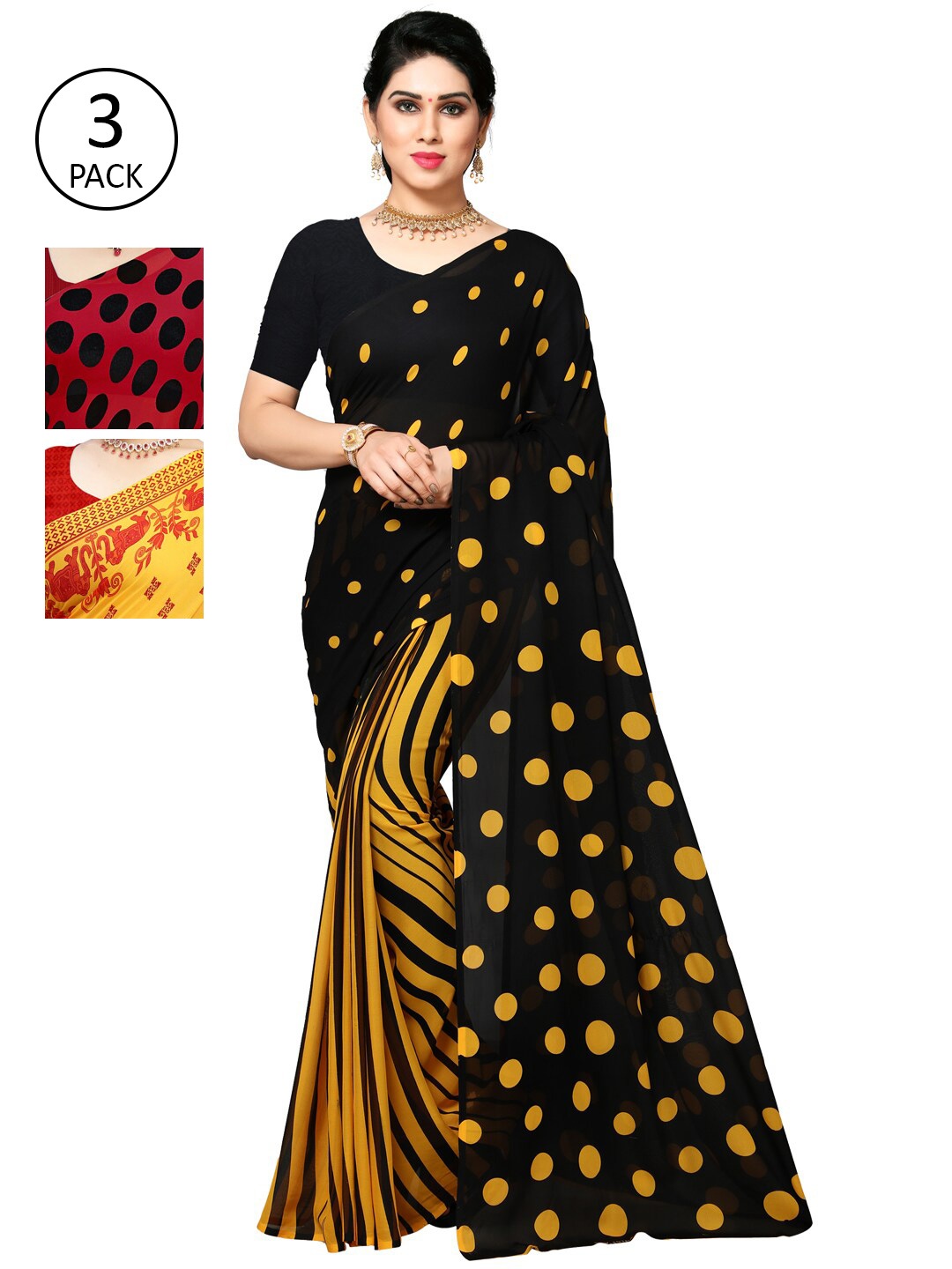 ANAND SAREES Women Pack of 3 Poly Georgette Sarees, Yellow