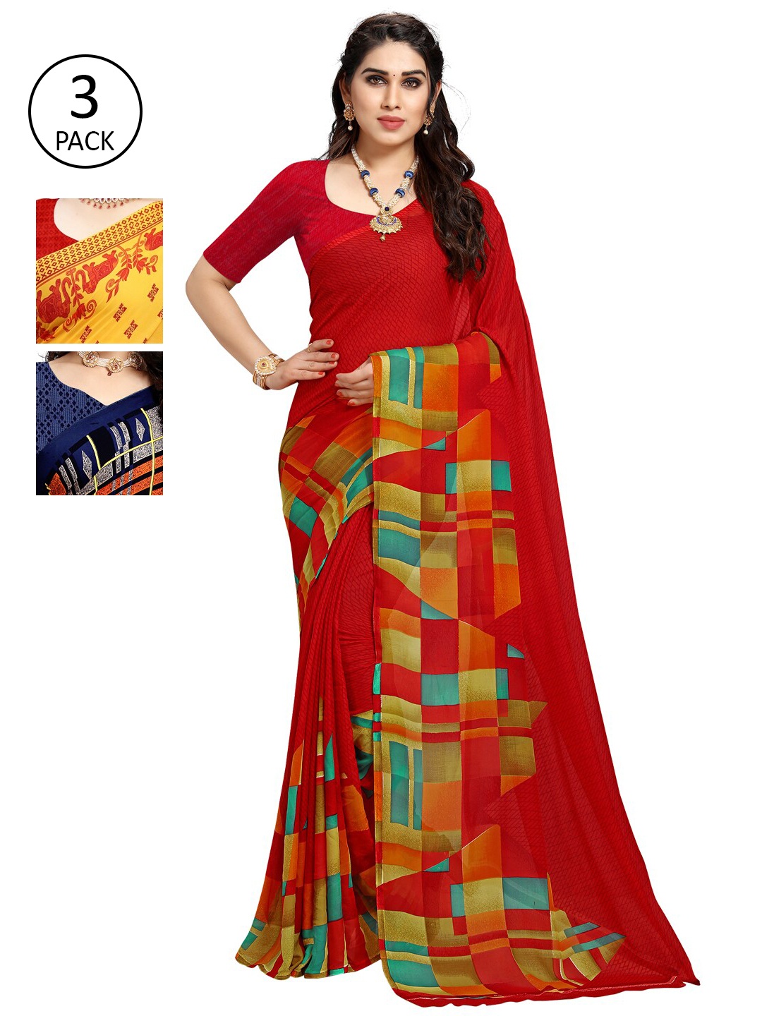 

KALINI Pack of 3 Printed Poly Georgette Saree, Multi