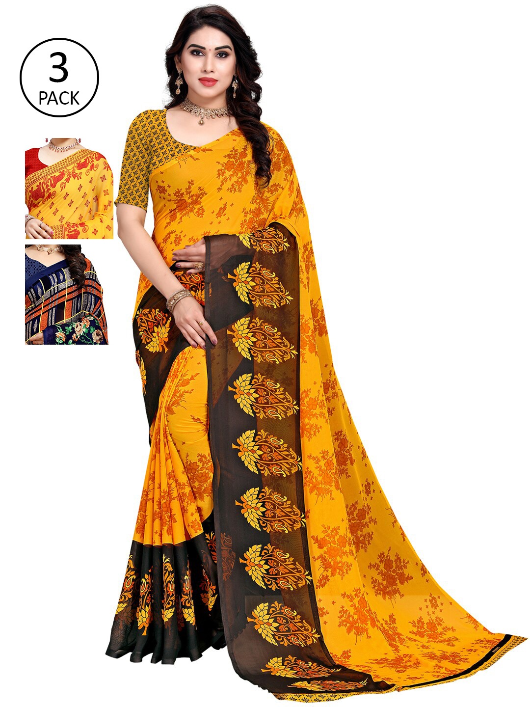 

KALINI Pack of 3 Printed Poly Georgette Saree, Multi