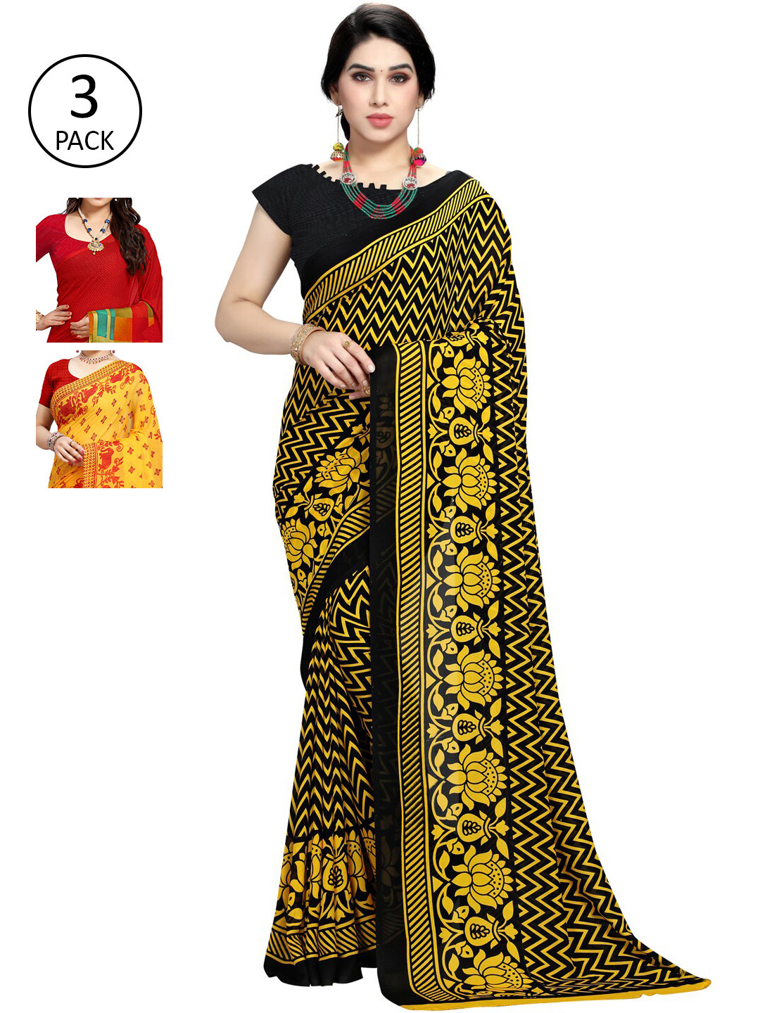 

KALINI Pack Of 3 Ethnic Motifs Sarees, Yellow