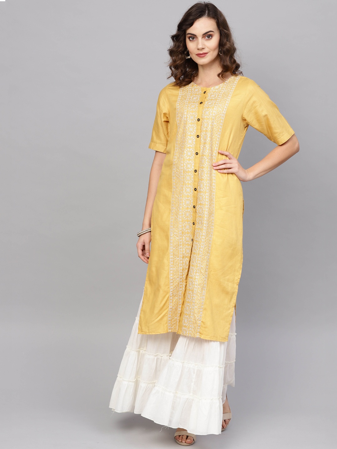 

Indo Era Women Yellow Embroidered Straight Kurta