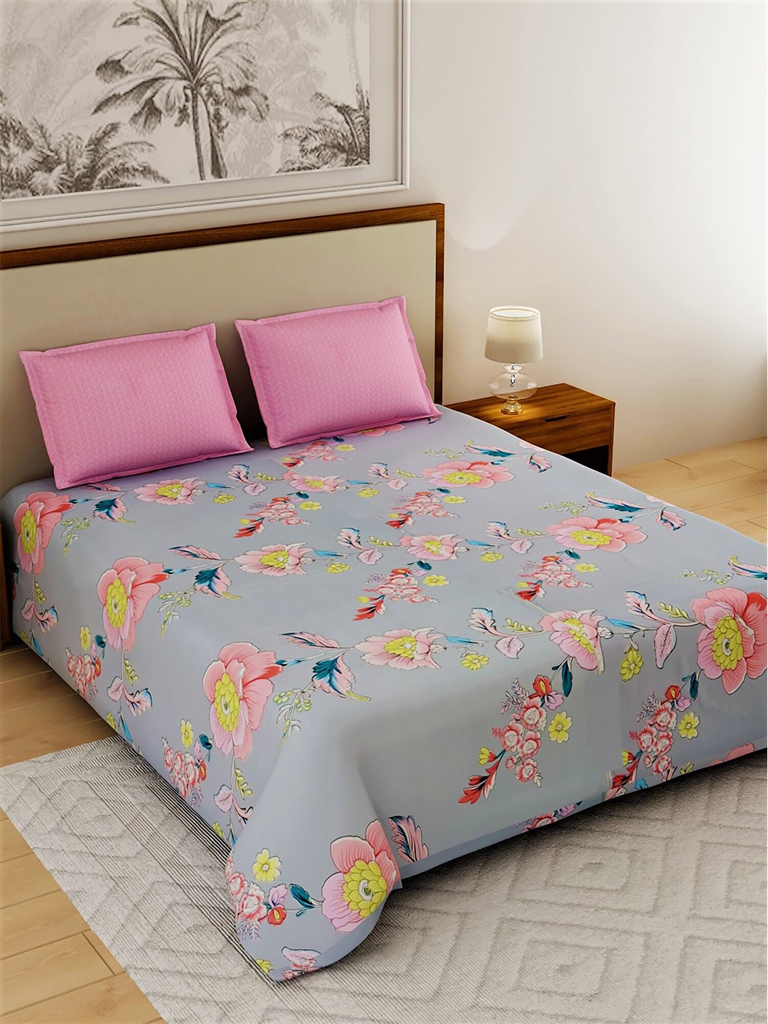 

Salona Bichona Turquoise Blue & Pink Floral 144 TC Queen Bedsheet with 2 Pillow Covers