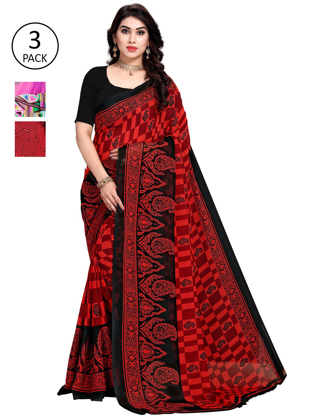 

KALINI Pack of 3 Printed Poly Georgette Saree, Multi