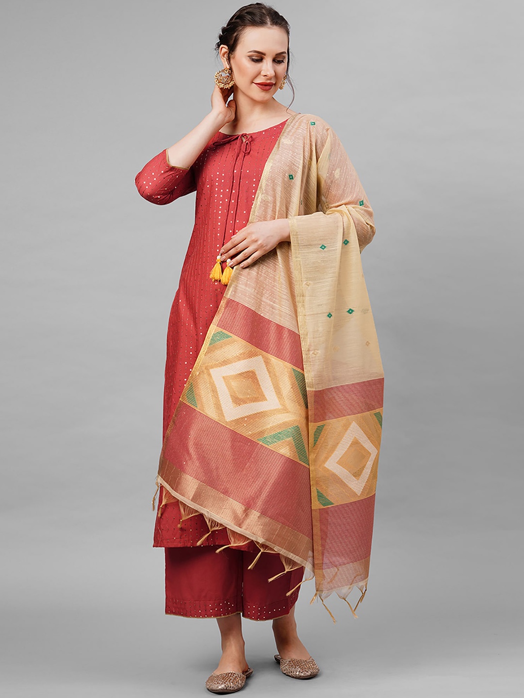 

Indo Era Women Red Embellished Sequinned Straight Kurta & Palazzos With Dupatta