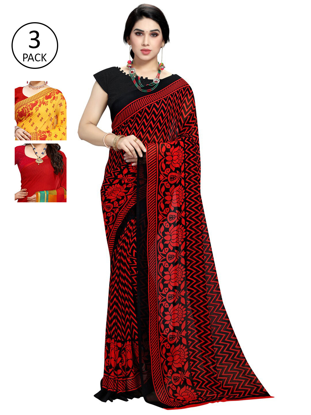 

KALINI Pack of 3 Printed Poly Georgtte Saree, Yellow