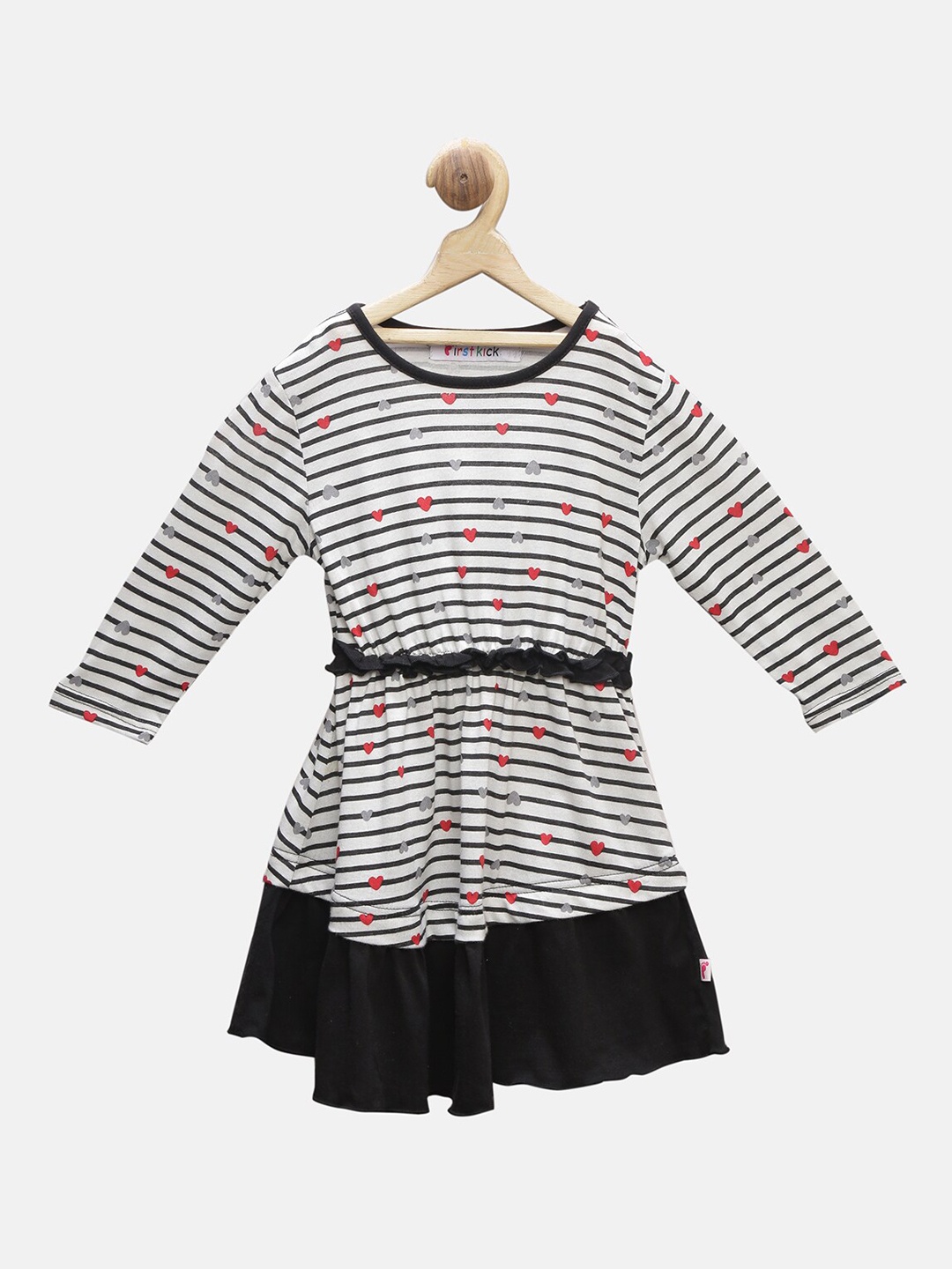

First Kick Girls White & Black Pure Cotton Striped A-Line Dress