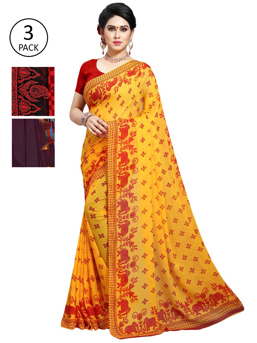 

KALINI Pack of 3 Poly Georgette Sarees, Yellow