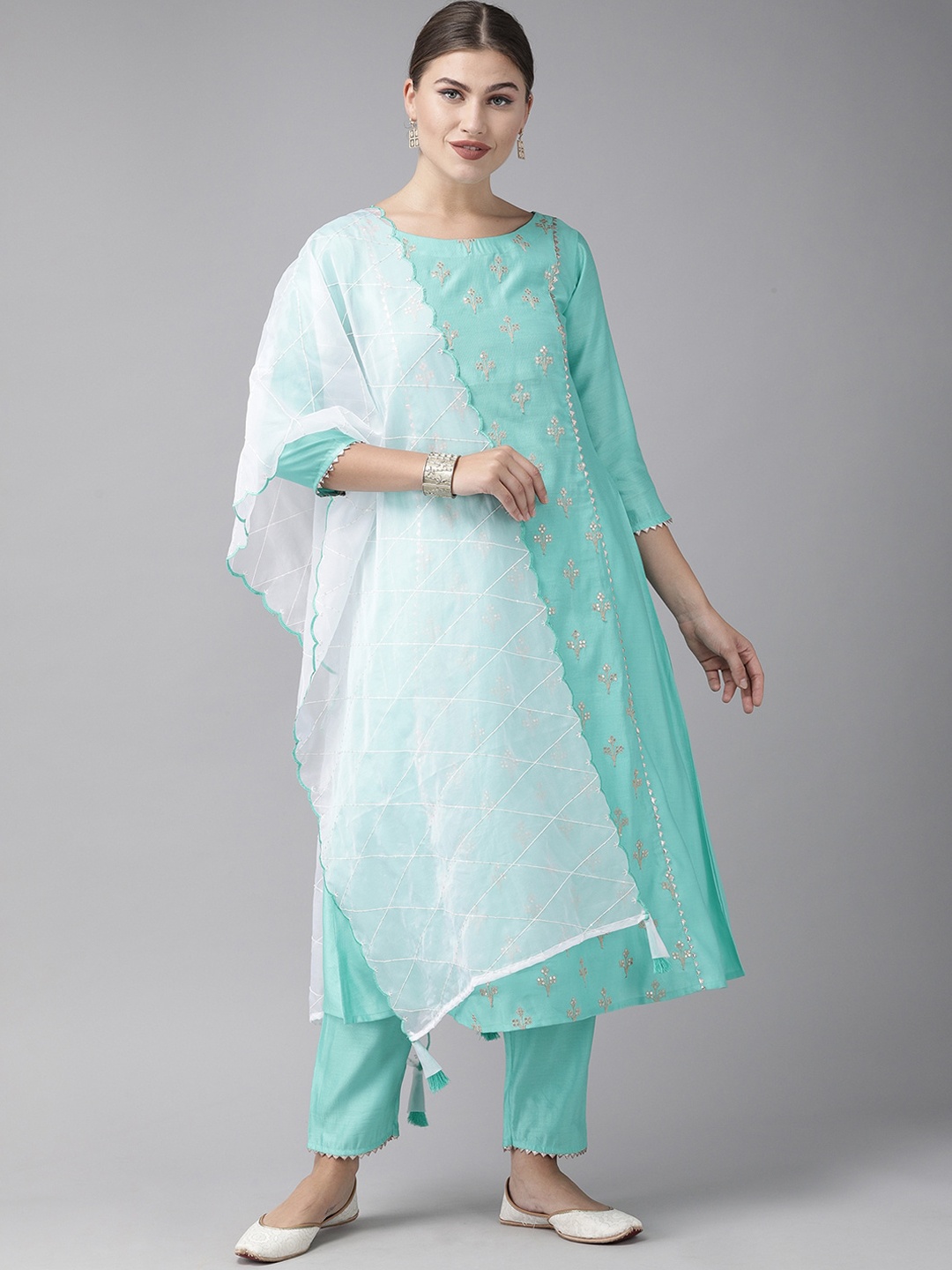 

Indo Era Women Sea Green Embroidered Liva Kurta with Trousers & Dupatta