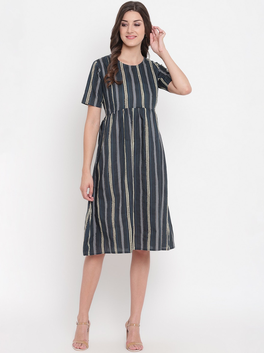 

Aawari Blue & Beige Nursing Striped A-Line Dress