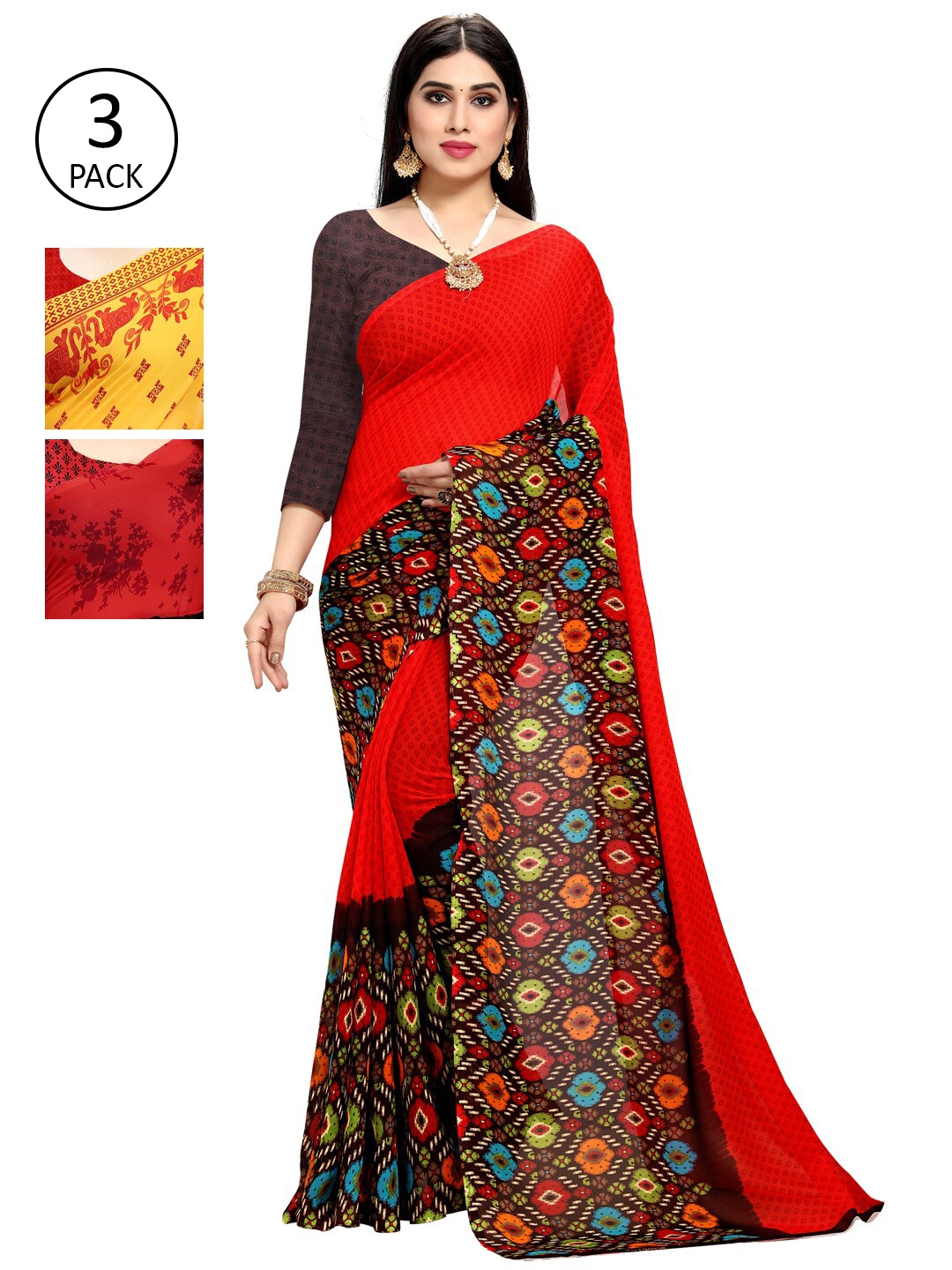 

KALINI Pack Of 3 Yellow & Red Saree