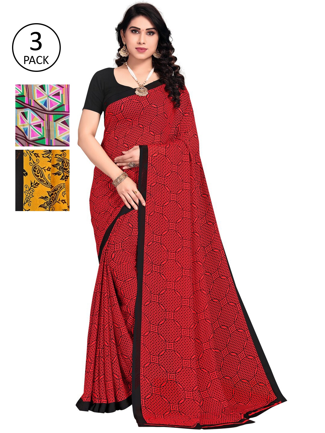 

KALINI Women Pack of 3 Poly Georgette Sarees, Pink