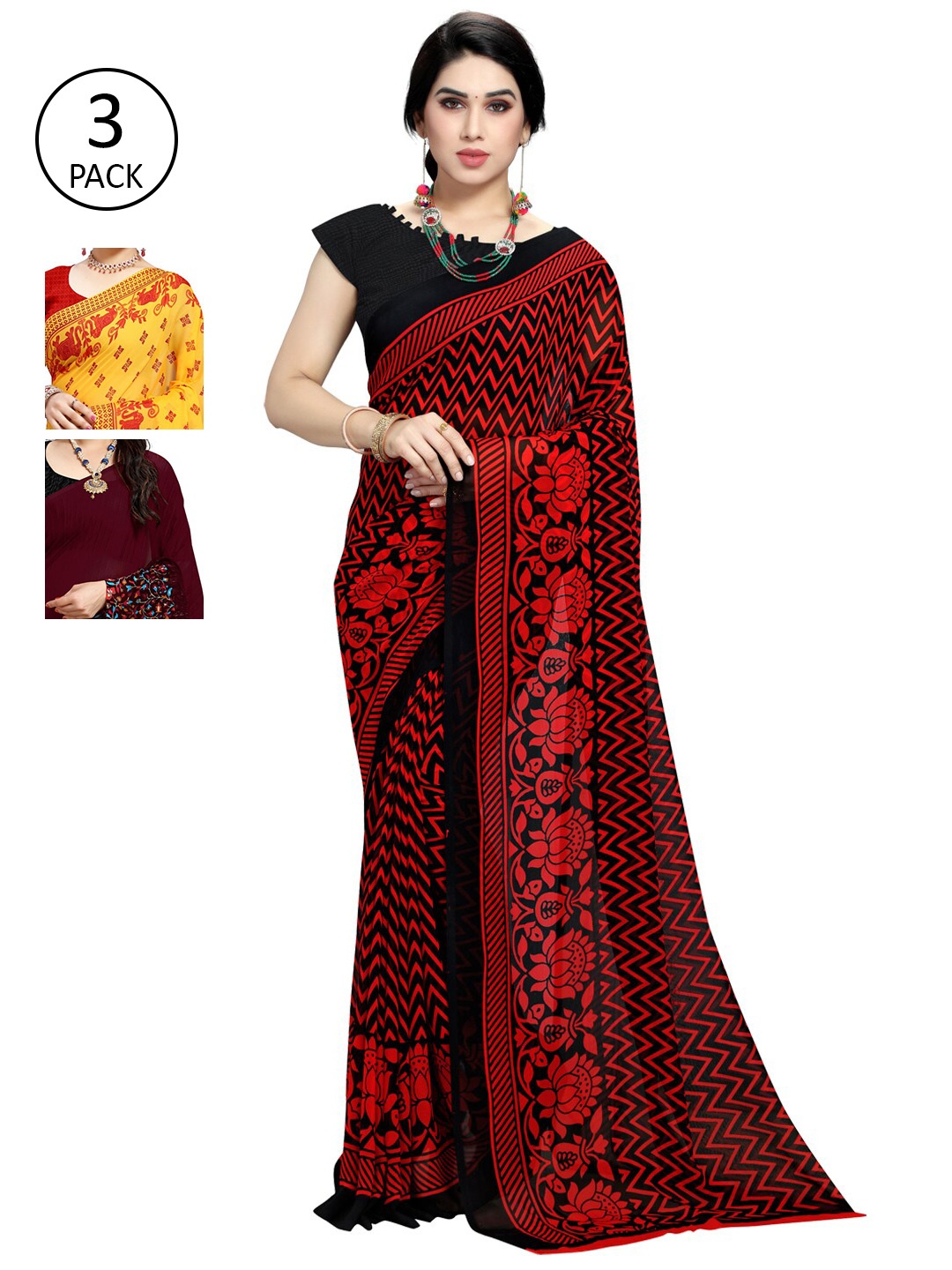 

KALINI Pack Of 3 Poly Georgette Printed Sarees, Yellow