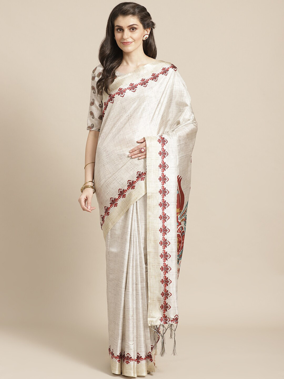 

Saree mall Cream Floral Silk Blend Sarees