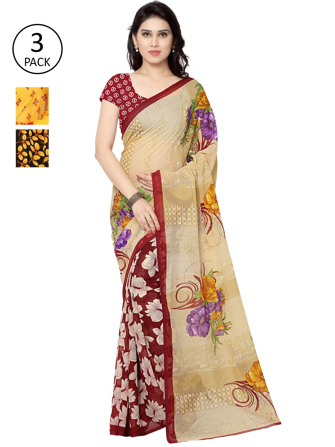 

KALINI Pack Of 3 Ethnic Motifs Sarees, Yellow