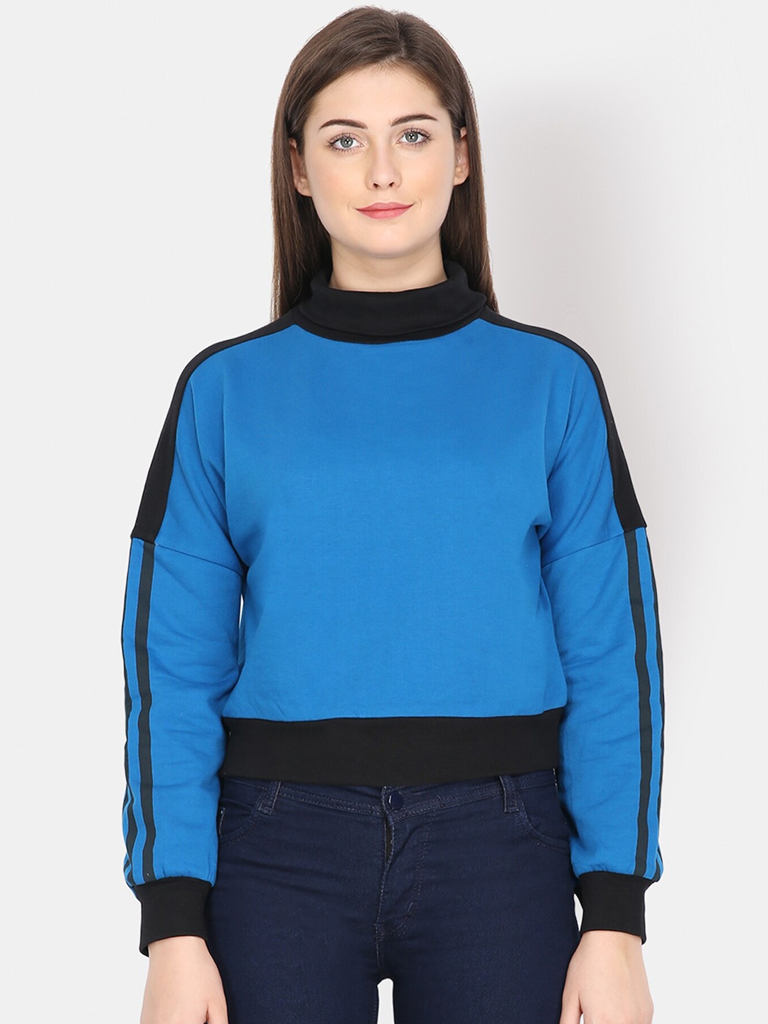 Yaadleen Women Blue & Black Colourblocked Crop Sweatshirt