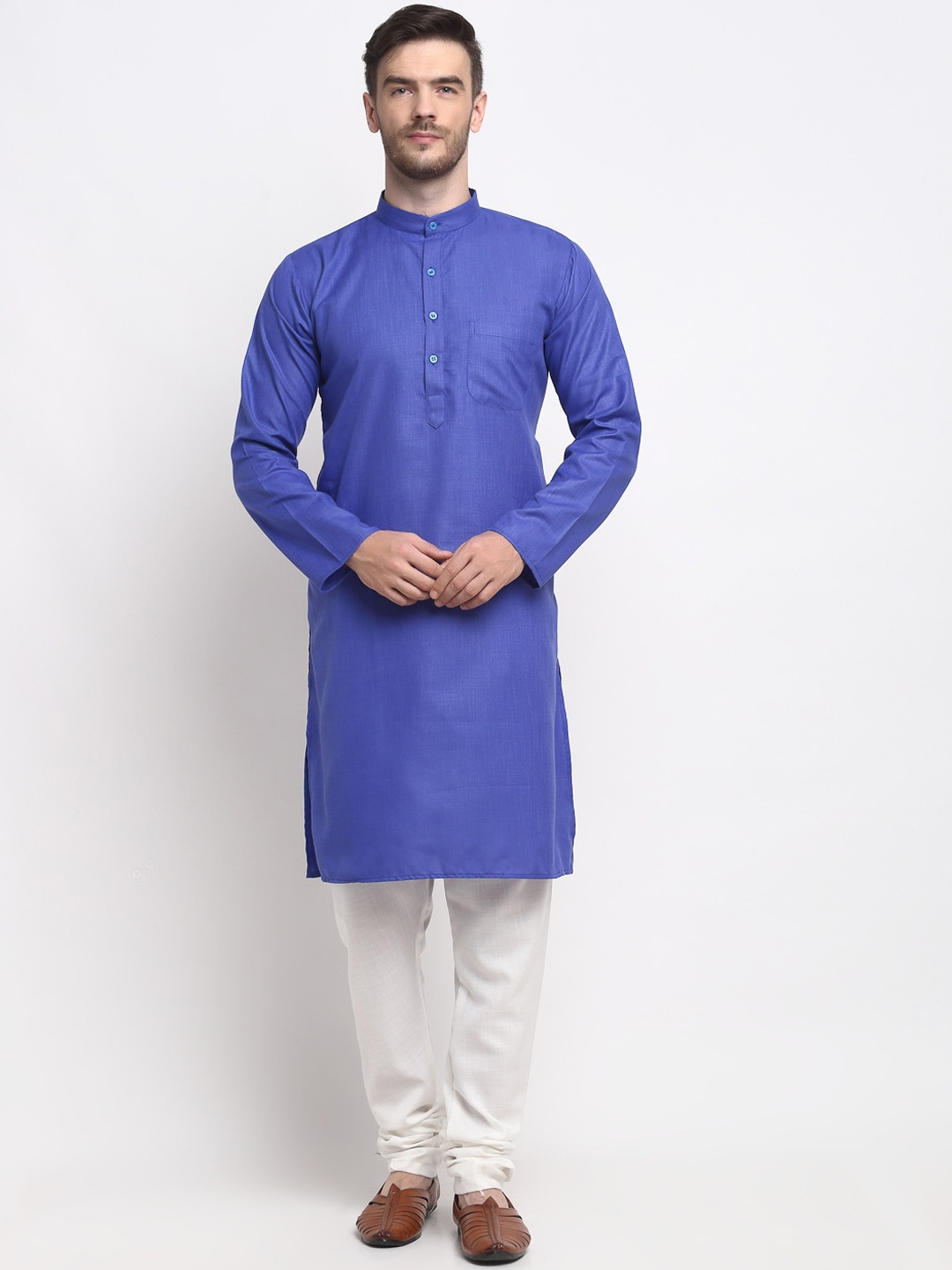 

Benstoke Men Cotton Blue Textured Paisley Kurta with Churidar