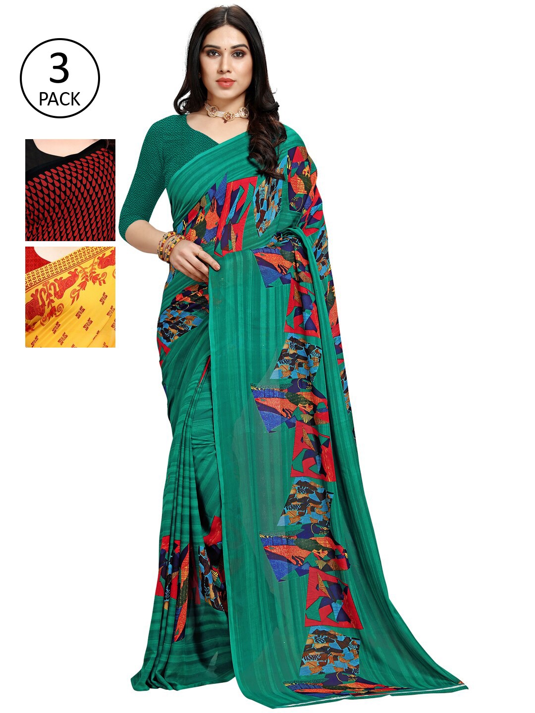

KALINI Pack of 3 Ethnic Motifs Poly Georgette Saree, Yellow