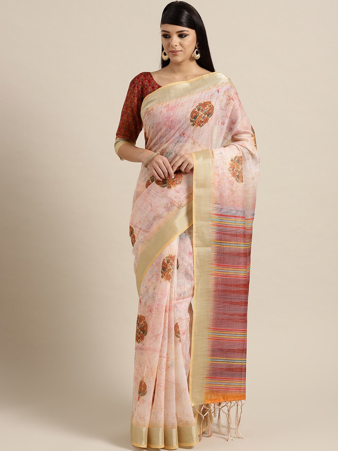 

Saree mall Peach & Brown Floral Linen Blend Sarees