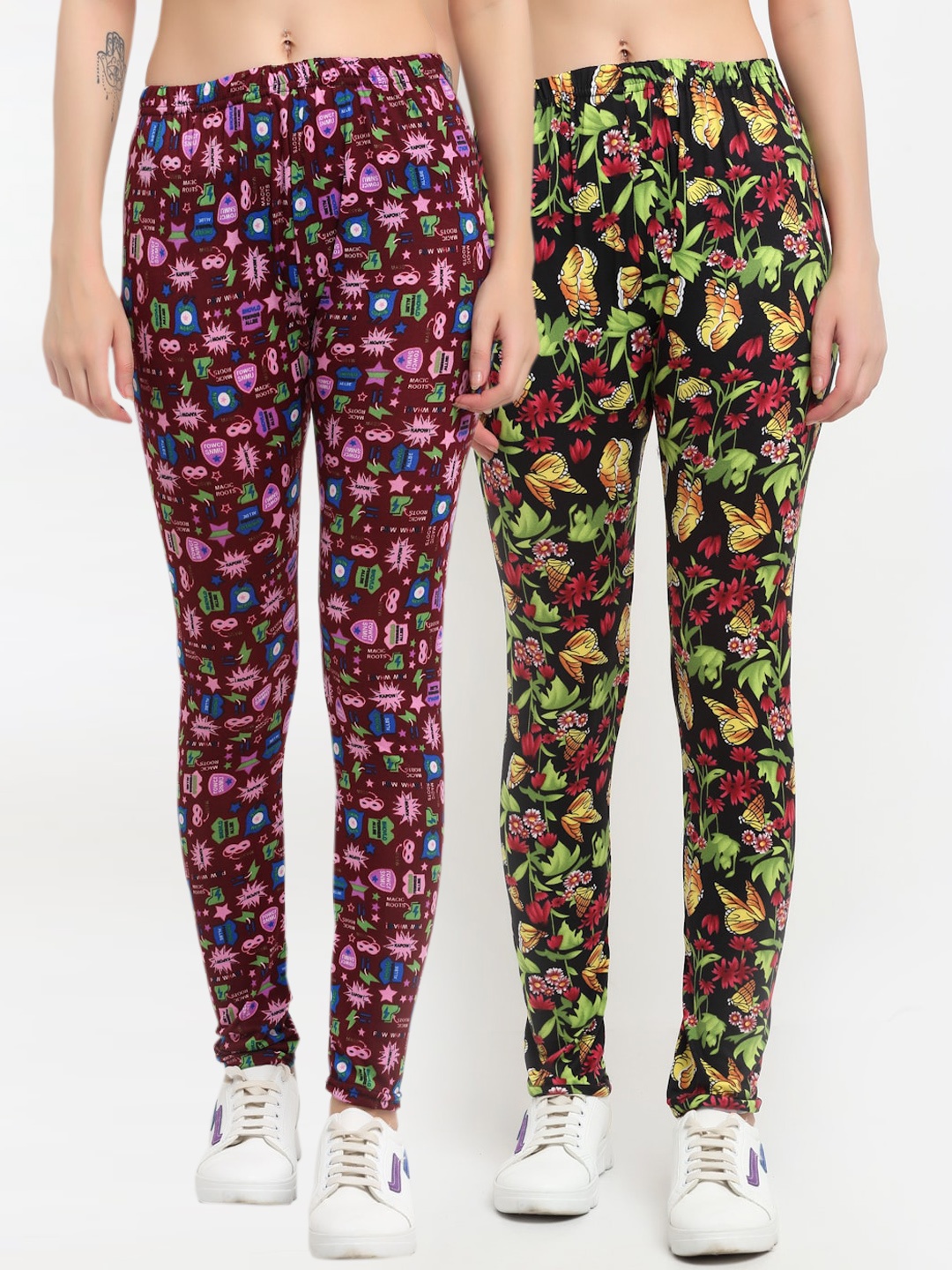 

NEUDIS Women Pack Of 2 Printed Skinny-Fit Ankle-Length Leggings, Maroon